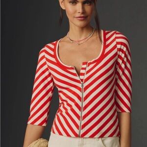 Maeve Red & White Diagonal Stripe Zip-Front Top